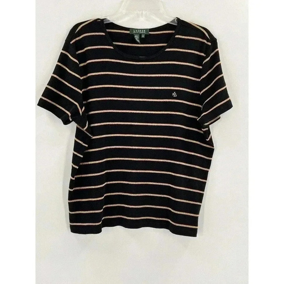 Lauren Ralph Lauren Short Sleeve Black Gold Stripe Top Size XLarge Excellent UC - Picture 3 of 6